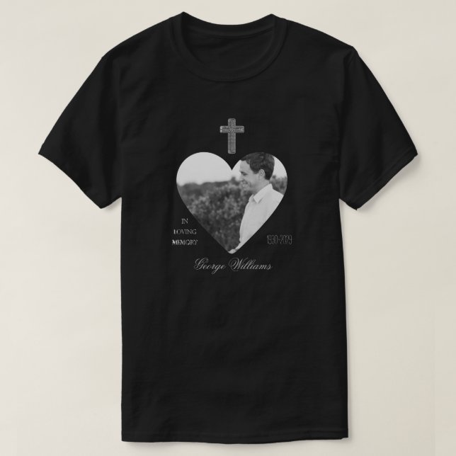 In Loving Memory Cross Heart Shape Photo Memorial T-Shirt (Design Front)