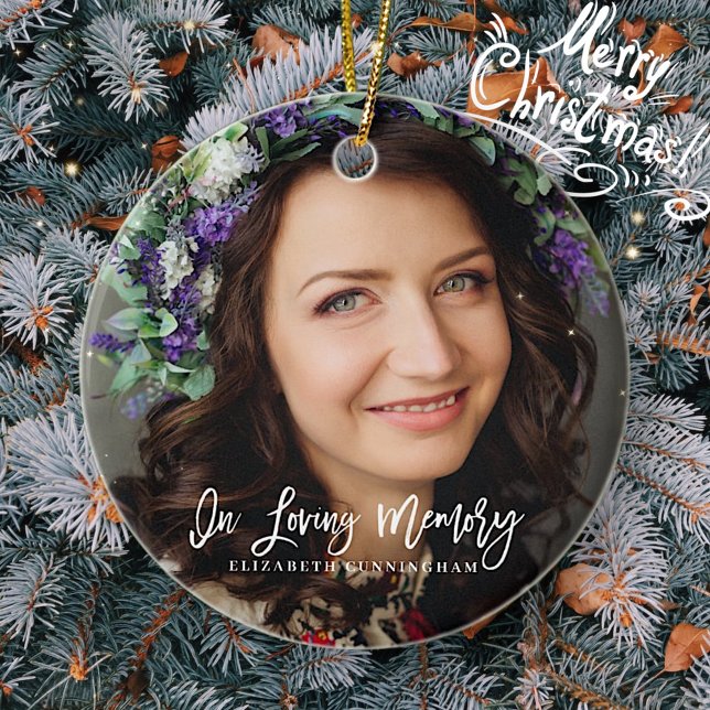 In Loving Memory Cursive Custom Photo Memorial Ceramic Ornament (Creator Uploaded)