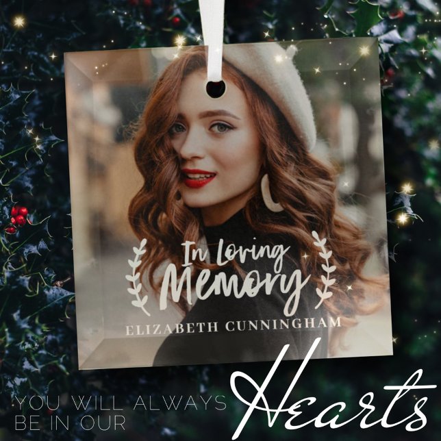 In Loving Memory Cursive Foliage Photo Memorial Glass Ornament (Creator Uploaded)