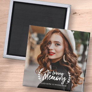 In Loving Memory Cursive Foliage Photo Memorial Magnet