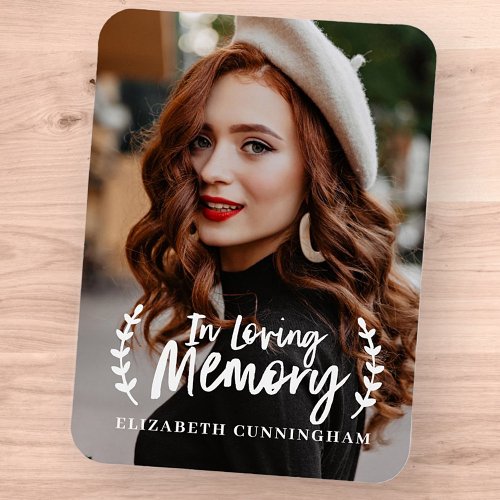 In Loving Memory Cursive Foliage Photo Memorial Magnet