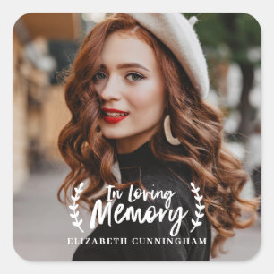 In Loving Memory Cursive Foliage Photo Memorial Square Sticker