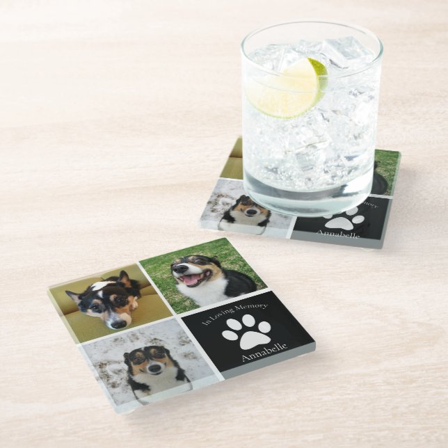In Loving Memory Custom Dog Photo Collage Keepsake Glass Coaster (Angled)