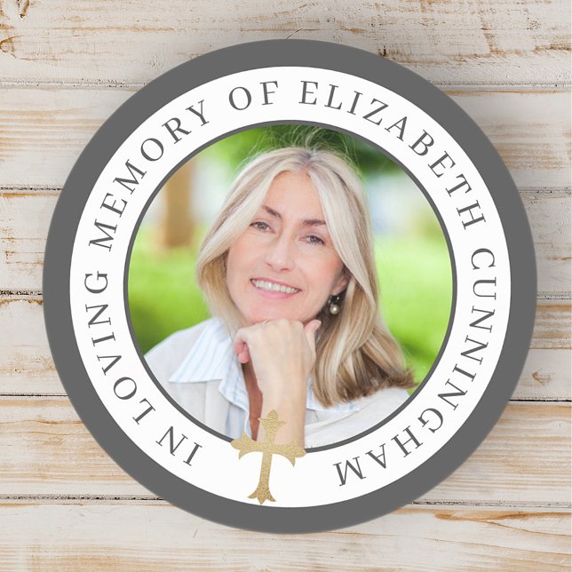 In Loving Memory | Custom Photo and Golden Cross Classic Round Sticker (Creator Uploaded)