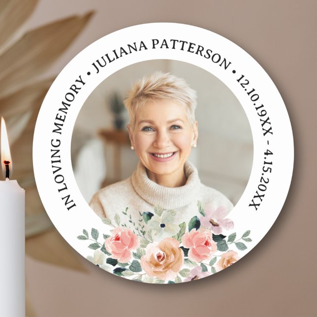In loving Memory Custom Photo Floral Funeral Classic Round Sticker (Creator Uploaded)