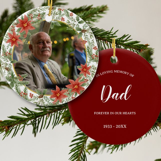 In Loving Memory Dad Picture Red Memorial  Ceramic Ornament (Creator Uploaded)