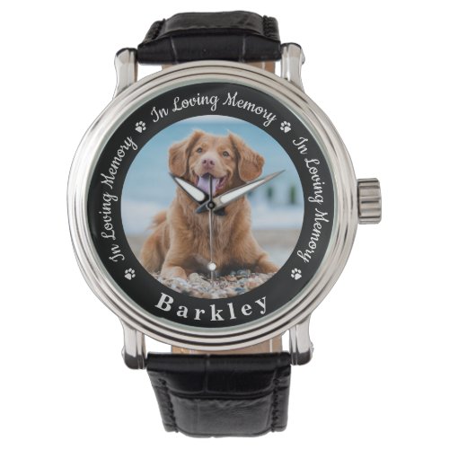 In Loving Memory Dog Loss Photo Pet Memorial Watch - Honor your best friend with a custom photo memorial watch. This unique pet memorials keepsake is the perfect gift for yourself, family or friends to pay tribute to your loved one. We hope your dog memorial photo watch will bring you peace, joy and happy memories. 
Quote "In Loving Memory".
Customize with favorite pet dog or cat photos, and name . 
COPYRIGHT © 2020 Judy Burrows, Black Dog Art - All Rights Reserved. In Loving Memory Dog Loss Photo Pet Memorial Watch