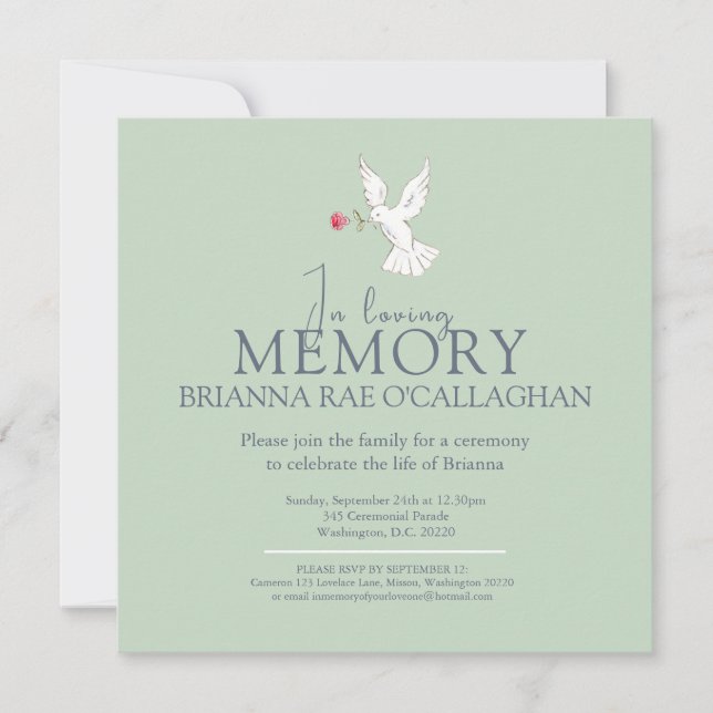 In loving memory dove red rose photo funeral green invitation (Front)