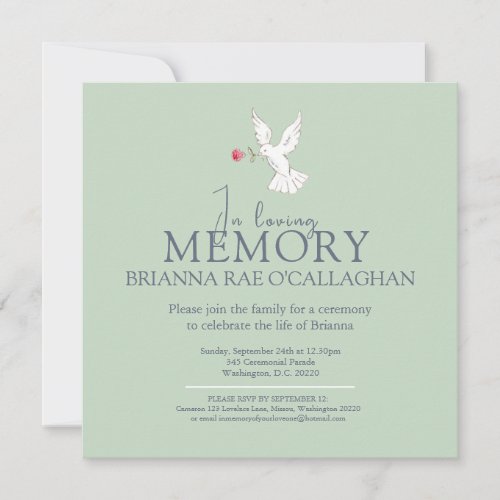 In loving memory dove red rose photo funeral green invitation