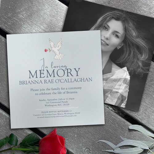 In loving memory dove red rose photo funeral invitation