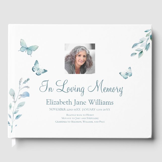 In Loving Memory Dusty Blue Butterfly Guest Book (Front)