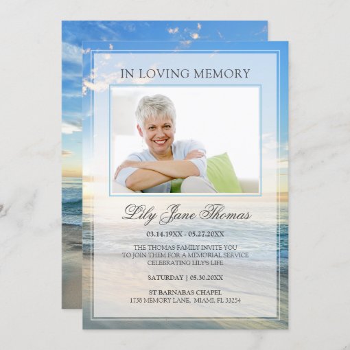 In Loving Memory Elegant Beach Photo Funeral Invitation | Zazzle