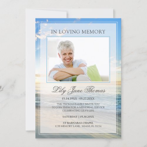 In Loving Memory Elegant Beach Photo Funeral Invitation