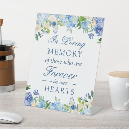 In Loving Memory Elegant Blue Hydrangeas Floral Pedestal Sign