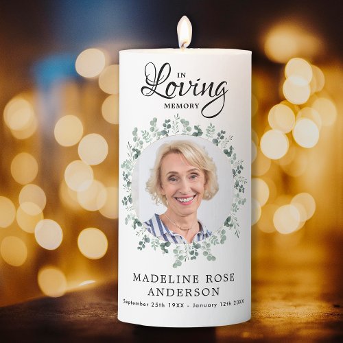 In Loving Memory Elegant Eucalyptus Photo Memorial Pillar Candle