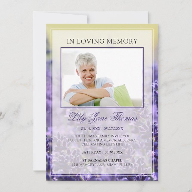In Loving Memory Elegant Lavender Funeral Photo Invitation (Front)