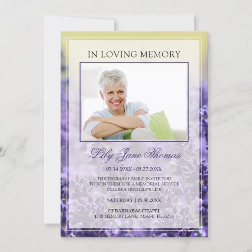 In Loving Memory Elegant Lavender Funeral Photo Invitation