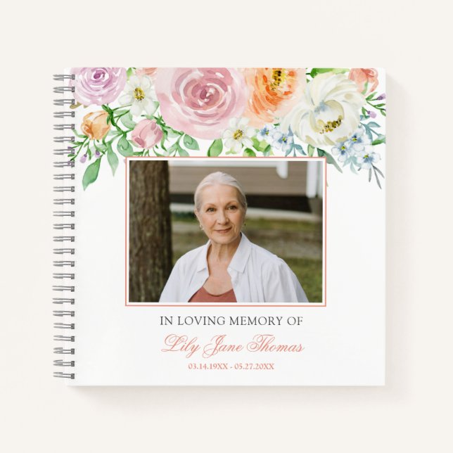 In Loving Memory Elegant Peach Rose Funeral Notebook (Front)