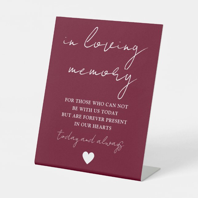 In Loving Memory Elegant Script Burgundy Red Pedestal Sign (Front)