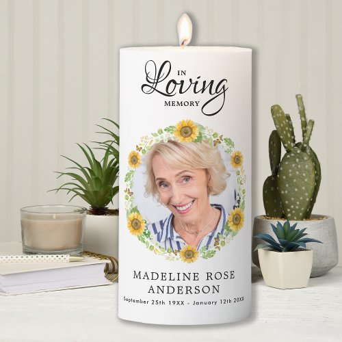 In Loving Memory Elegant Sunflower Photo Memorial Pillar Candle