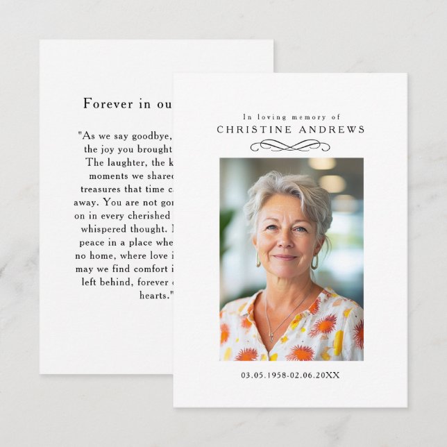 "In loving Memory" Elegant White Photo Prayer (Front/Back)