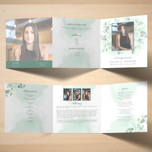 In Loving Memory Eucalyptus Greenery Services Tri_Fold Card