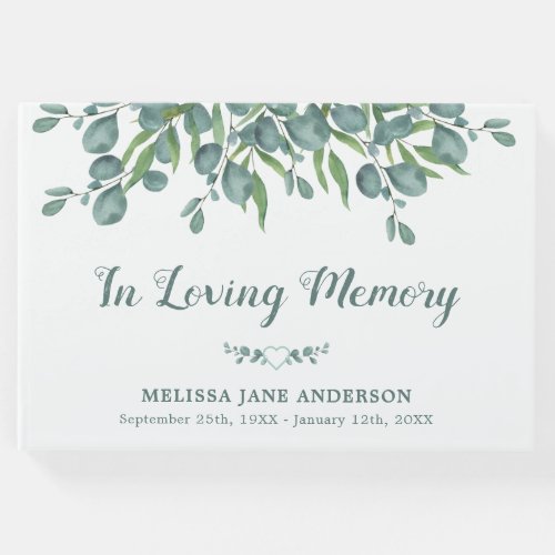 In Loving Memory Eucalyptus Memorial Funeral Guest Book - Eucalyptus Memorial Sympathy Funeral Guest Book. This funeral guest book feature a modern eucalyptus greenery, name and dates, on a white design. Personalize the spine with message and name. This modern elegant botanical greenery guest book is perfect keepsake for memorial service, celebration of life and funeral . COPYRIGHT © 2020 Judy Burrows, Black Dog Art - All Rights Reserved. In Loving Memory Eucalyptus Memorial Funeral Guest Book 