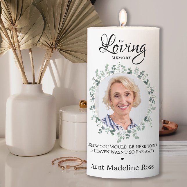 In Loving Memory Eucalyptus Photo Wedding Memorial Pillar Candle (Creator Uploaded)