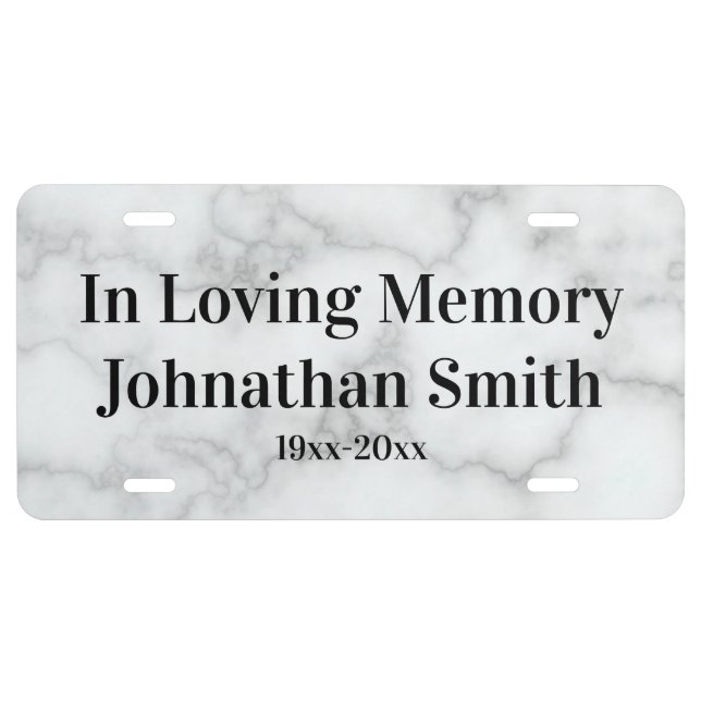 In Loving Memory Faux White Marble In Memorial Of License Plate (Front)