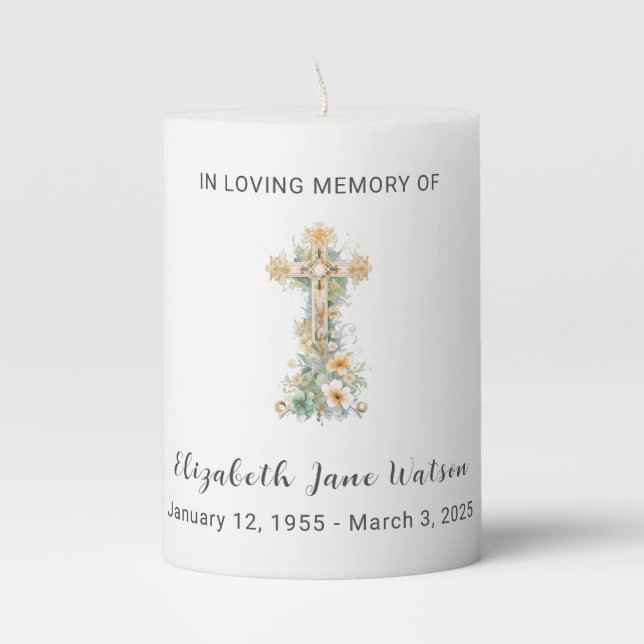  In Loving Memory Floral Cross Keepsake Pillar Candle (Front)