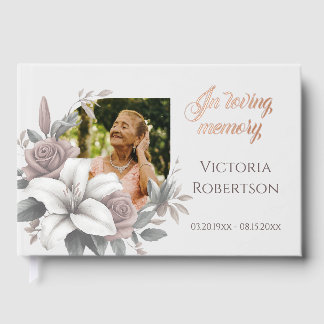 In Loving Memory Floral Frame Memorial Funeral Foil Guest Book
