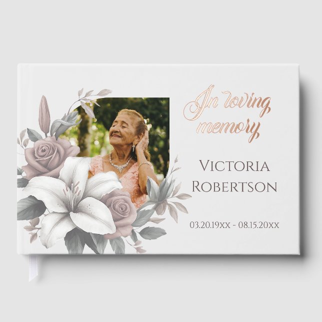 In Loving Memory Floral Frame Memorial Funeral Foil Guest Book (Front)