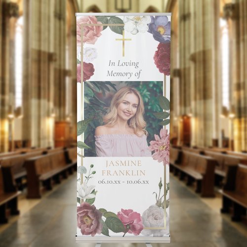 In Loving Memory Floral Photo Christian Funeral  Retractable Banner