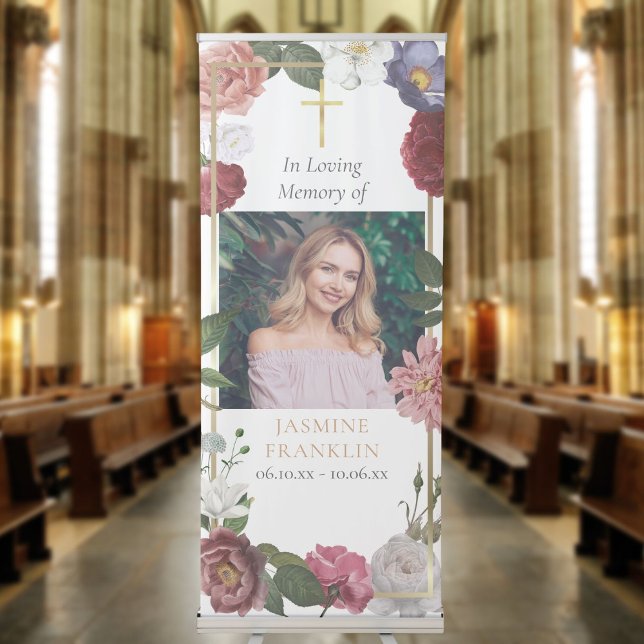 In Loving Memory Floral Photo Christian Funeral  Retractable Banner (In Loving Memory Floral Photo Christian Funeral Retractable Banner)