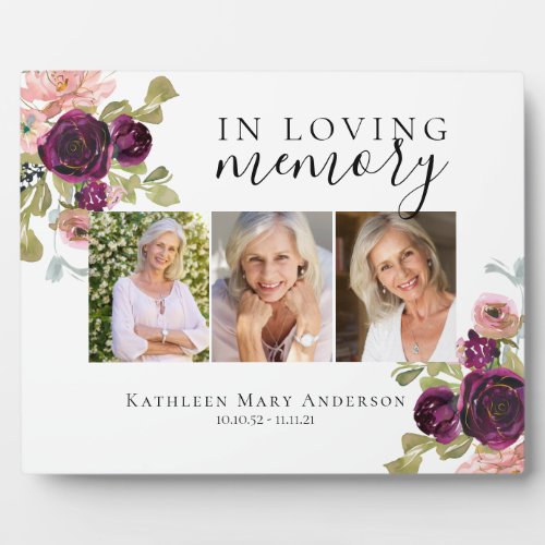 In Loving Memory Floral Photo Memorial Tribute Plaque