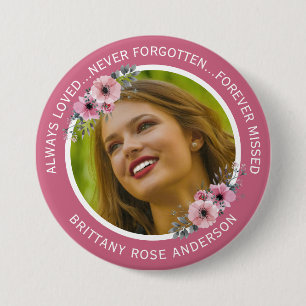 In Loving Memory Floral Teal Photo Memorial Button