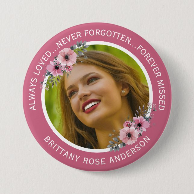 In Loving Memory Floral | Teal Photo Memorial Button (Front)