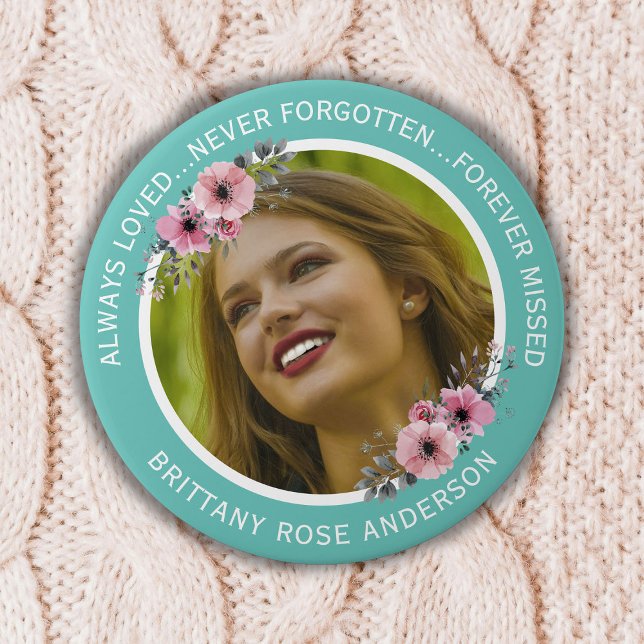 In Loving Memory Floral | Teal Photo Memorial Button (Creator Uploaded)