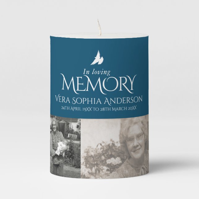 In loving memory four custom photos navy blue pillar candle (Front)