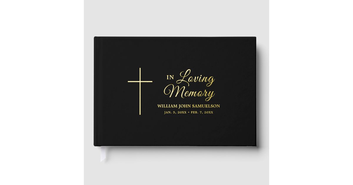 In Loving Memory Funeral Black Gold Cross Catholic Foil Guest Book | Zazzle