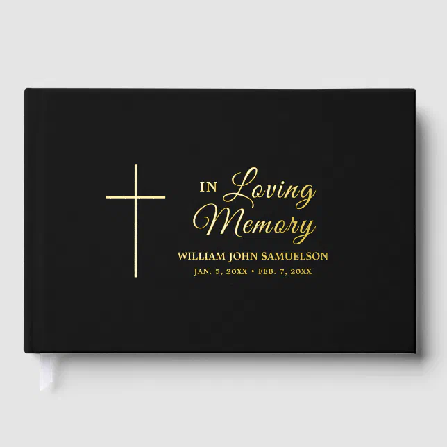 In Loving Memory Funeral Black Gold Cross Catholic Foil Guest Book | Zazzle
