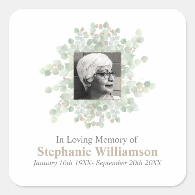 In Loving Memory Funeral Memorial Eucalyptus  Square Sticker (Front)