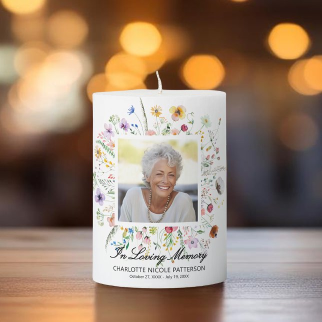 In Loving Memory Funeral Memorial Wildflowers Pillar Candle (In Loving Memory funeral memorial with photo over wildflowers pillar candle)