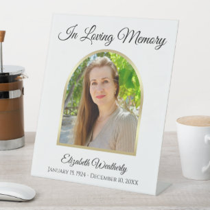 In Loving Memory Funeral Photo on White Pedestal Sign