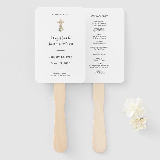 In Loving Memory Funeral Program Floral Cross  Hand Fan (Front and Back)