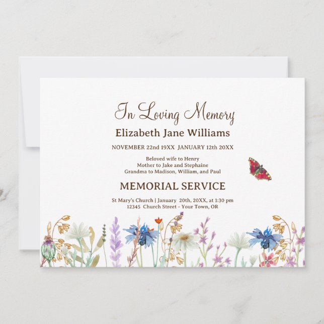 In Loving Memory Funeral Wildflower &Butterfly Invitation (Front)