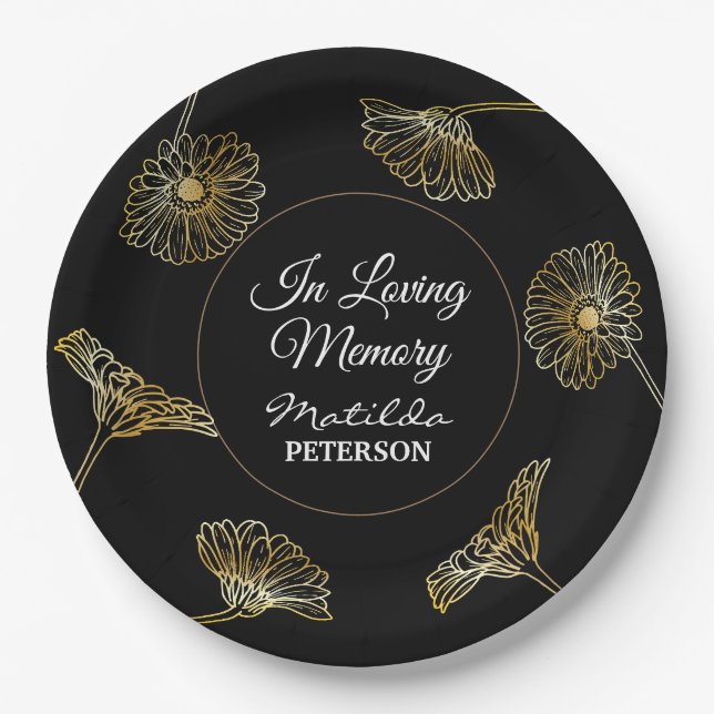 In Loving Memory Gold Flowers Funeral  Paper Plates (Front)