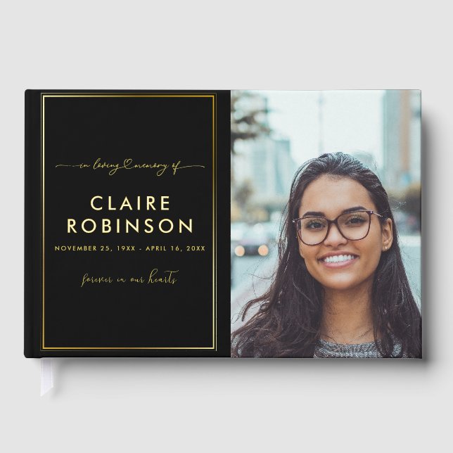 In Loving Memory Gold Foil Photo Script Funeral Guest Book (Front)