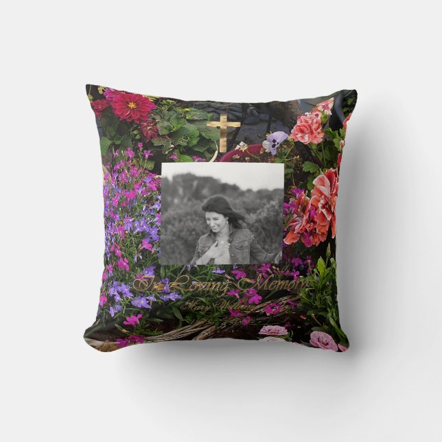In Loving Memory Golden Cross Add Photo Floral Throw Pillow (Front)