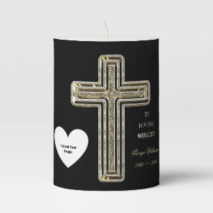 In Loving Memory Golden Cross Add Photo Pillar Candle